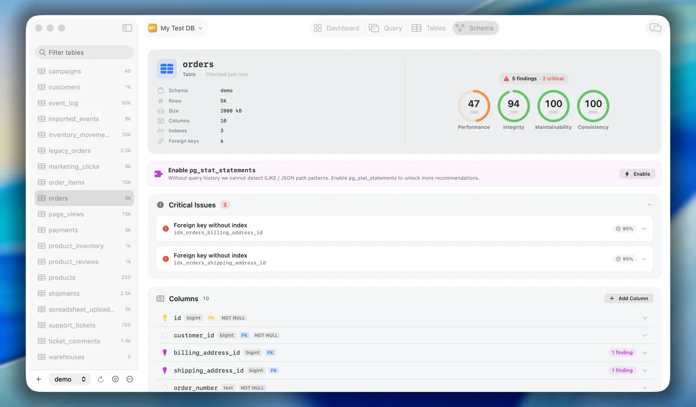 TableStudio schema insights panel with suggested indexes, an ER diagram preview, and a database hygiene score